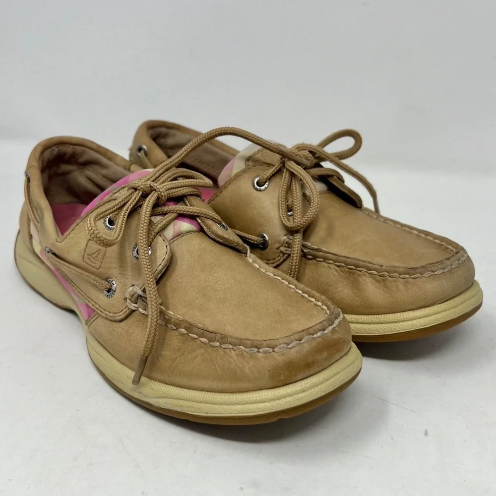 Sperry Womens‎ Plaid Tan Pink Green Leather Boat Deck Shoes Size 6M Preppy Girl
